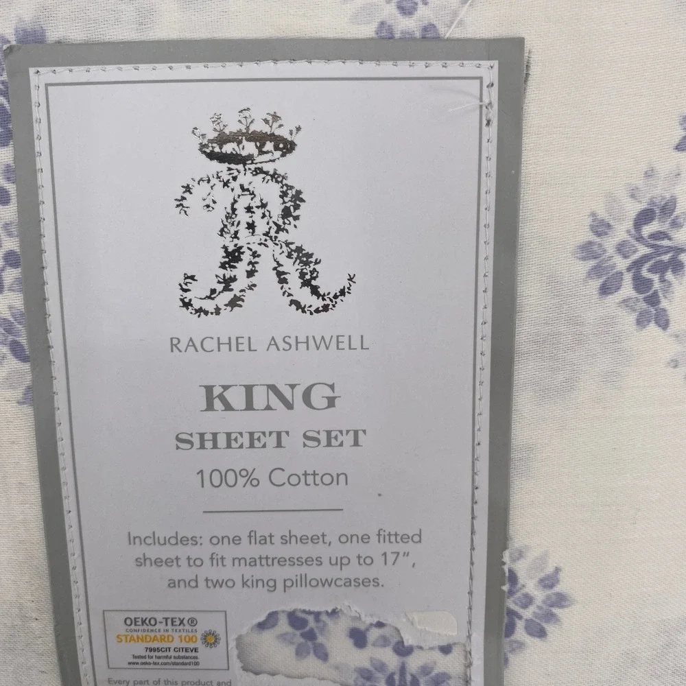 Rachel Ashwell Sheet Set King White Purple Damask Medallion 100% Cotton Floral